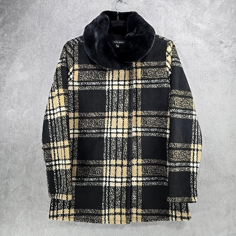 Ellen Reyes Beige Black Plaid Wrap Front Faux Fur Collar Coat Women’s Size Small